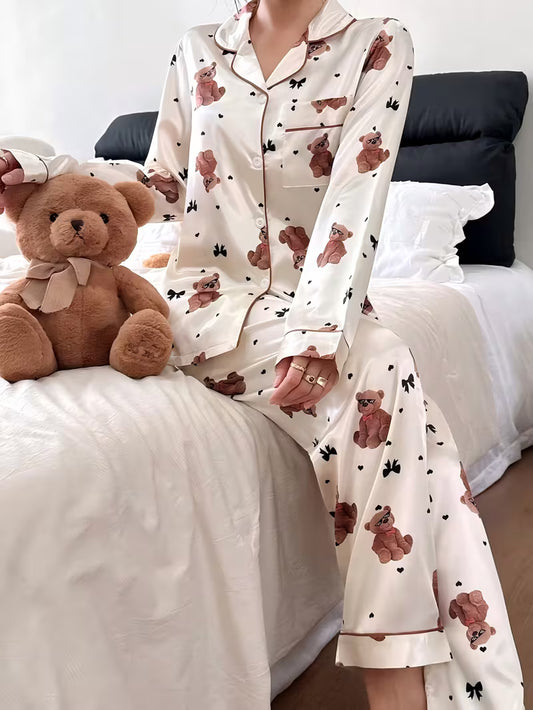 Women's Sleepwear, Apricot Base Teddy Bear Bow Print Faux Collared Top and Pants Pajama Set, Fall Winter Clothing