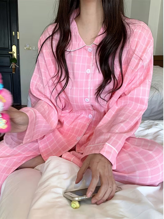 Korean-style Instagram-inspired Dopamine-colored Minimalist Plaid Pajama Set, Pink Women's Summer Lightweight 2pcs Pajama Set