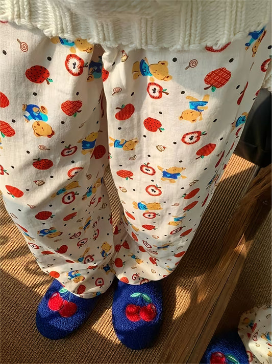 Spring And Summer Casual Pants for Women in a Japanese And Korean Style, Featuring a Color-Block Design, Straight Cut, And Sweet Home-Wear Look, Suitable for Outdoor Wear in Summer