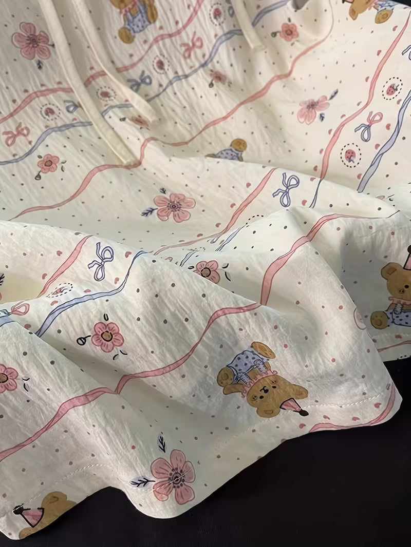 In-Stock Premium Style Cartoon Cute Bear Pajamas Women'S Bra Cup Cami Shorts Easy Bow Loose Pullover Home Wear 2Pcss Set Casual Sleeveless 2Pcss Set Outing Spring Summer New