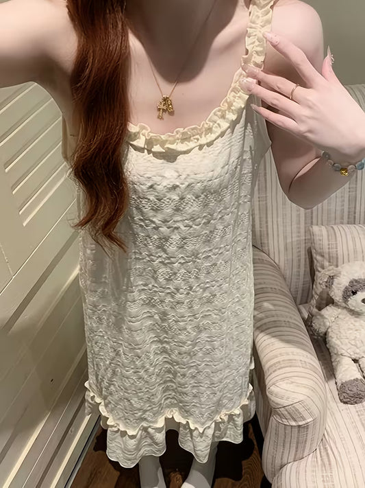 Korean Sweet Camisole Nightgown Women'S Summer Round Neck Sleeveless Ruffled Lace Thin Strap Home Wear