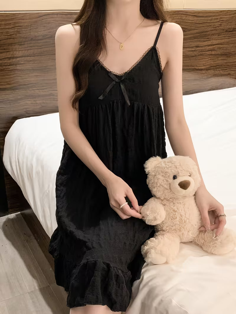 Elegant Women's 1pc Nightgown, Lace Patchwork, Off Shoulder, Adult Women's Camisole Dress, Comfortable and Soft Home Wear and Pajamas