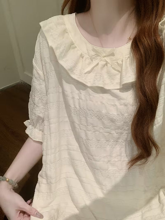 Princess-style Short-sleeve Nightgown for Women, Summer Sweet and Cute Bow, Solid Color Loungewear, Can Be Worn Outside