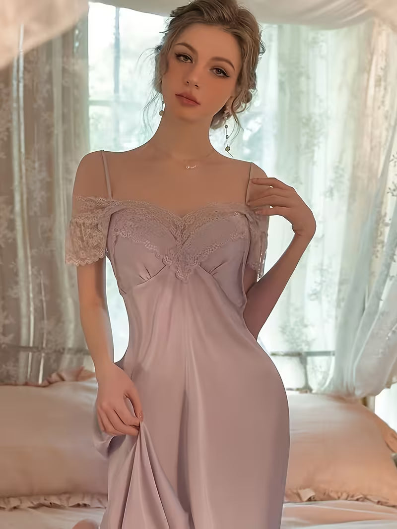French-Style Sexy Nightgown for Women, Satin with High-End Lace, Long Home Wear