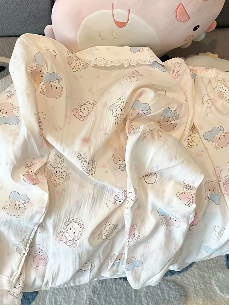 In-stock Non-stretch High-quality Women's Pajama Set, Spring/autumn/summer Long Sleeve Long Pants Plus Size Lightweight Sweet Cardigan Casual Wearable 2pcs Set with Lace Trim, Cute Cartoon Design for