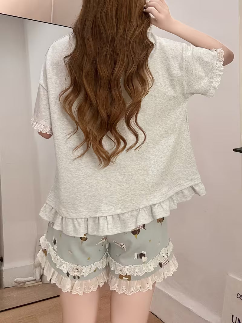 Women's Pajama Set, Casual and Loose-fitting, with Cute Cartoon Puppy Pattern, Silvery-gray Short-sleeve Top + Shorts, Suitable for Summer, Featuring Adorable Lace Trim, a Comfortable Loungewear Set
