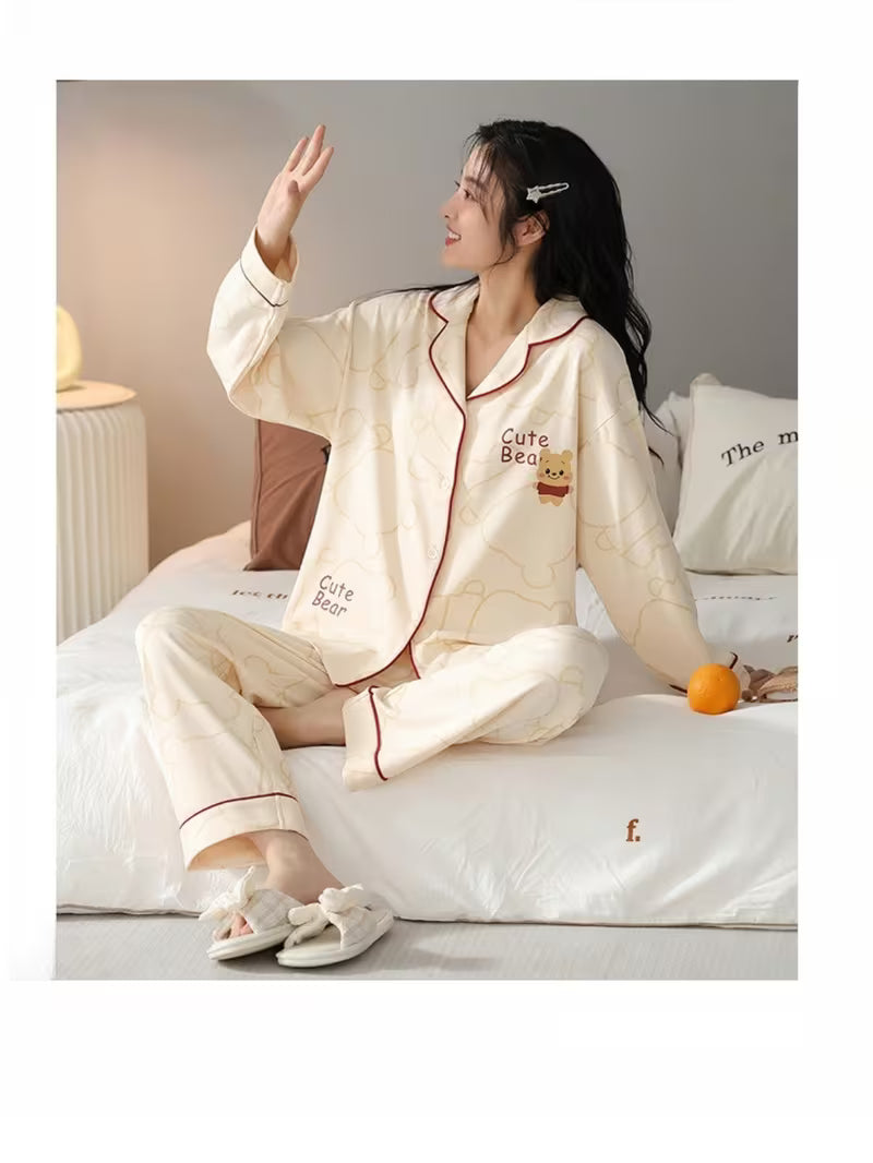 Pure Autumn And Winter New Pajamas Women'S Lapel Cardigan Long-Sleeved Trousers Two-Piece Casual Women'S Home Wear