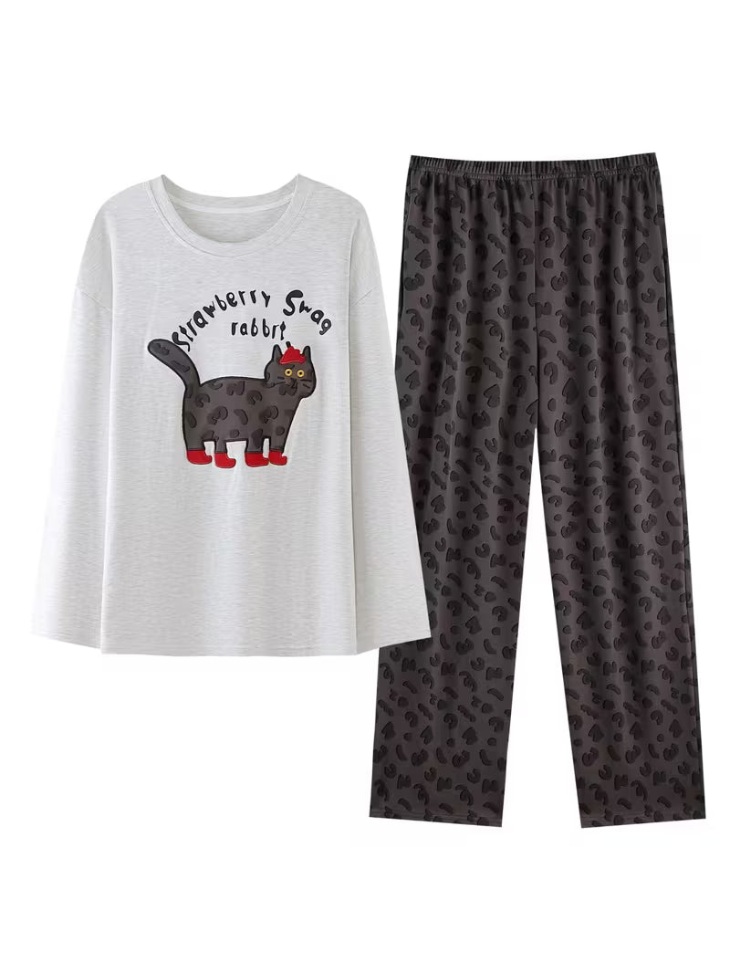 Women'S Pajamas Suitable for Spring And Fall, Featuring Long-Sleeved Pants with a Playful Autumn Design, Perfect for Wearing As a Cozy Home Outfit