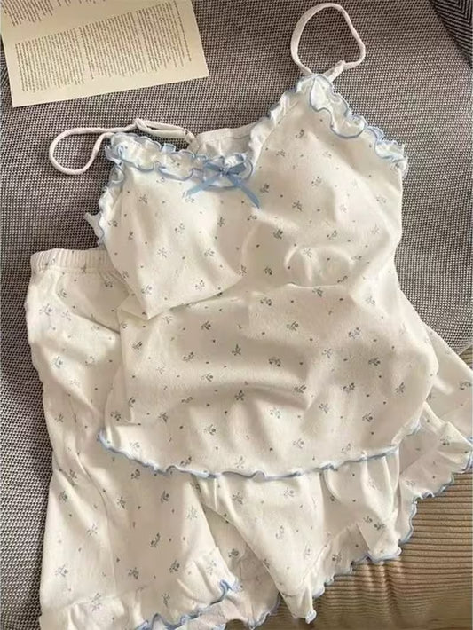 Soft Ice Silky Camisole and Shorts Set Sweet Sleepwear Breathable Summer