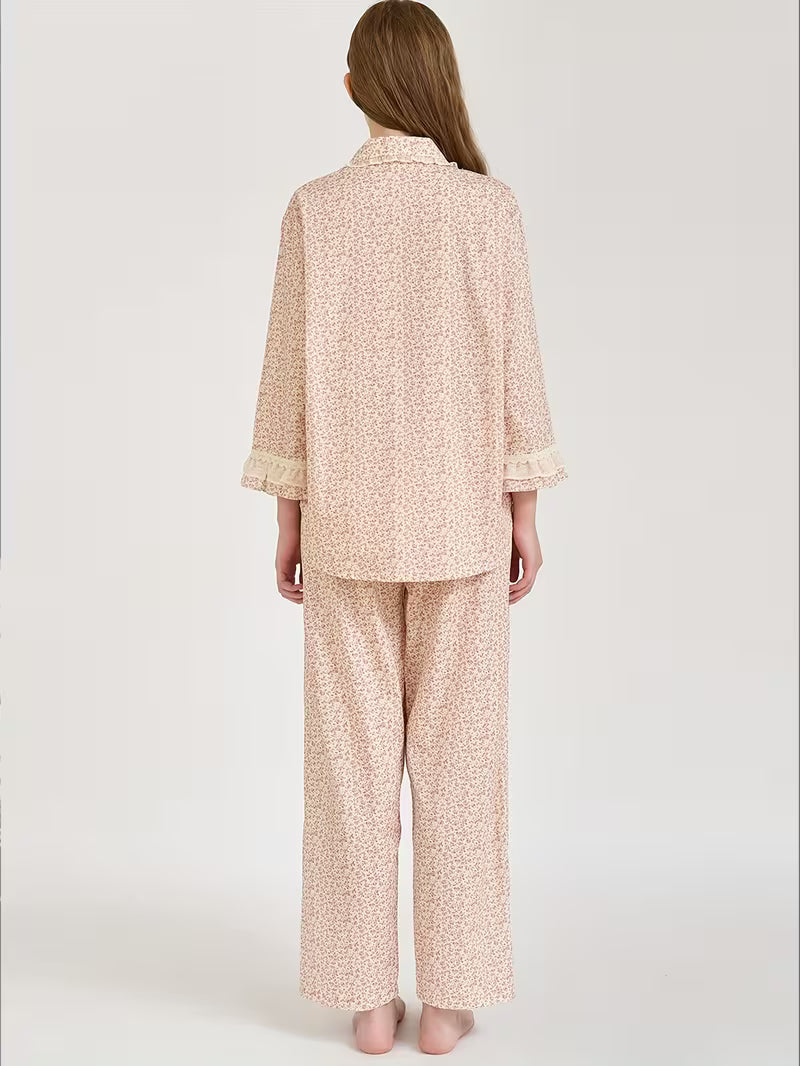 2pcs Women's Long Sleeve Pants Pajama Set, Elegant and Comfortable Breathable New Casual Loungewear with Full-Body Print Robe Top and Matching Pants