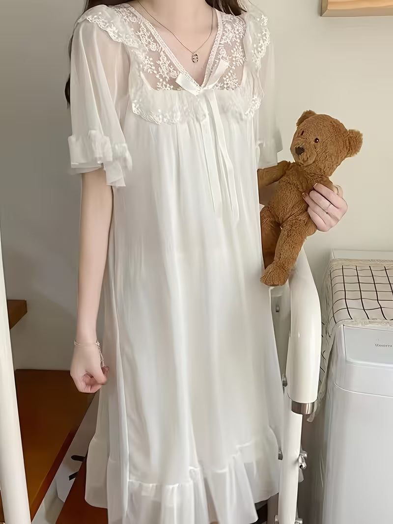 Charming And Adorable Palace Princess Inspired Solid Color Nightgown with Lace Trim And Bow for Women
