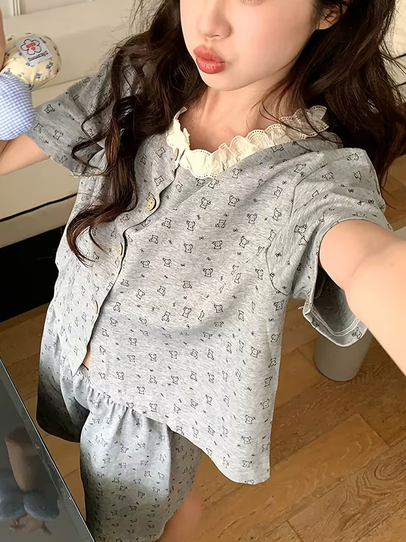 Cute Lace Bear Short Sleeve Shorts Pajama Set for Women, Sweet Summer Cardigan with Round Neck