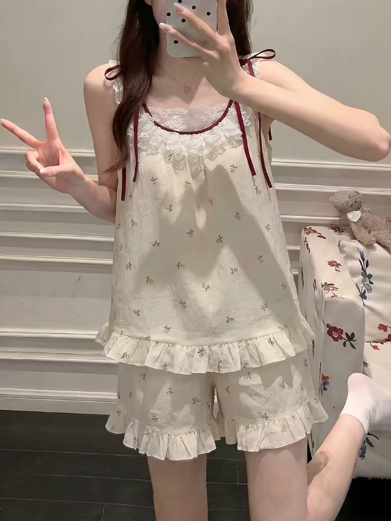 Women's Summer Floral Print Camisole Shorts Pajama Set with Padded Bra, Sweet and Cute Lace Trim