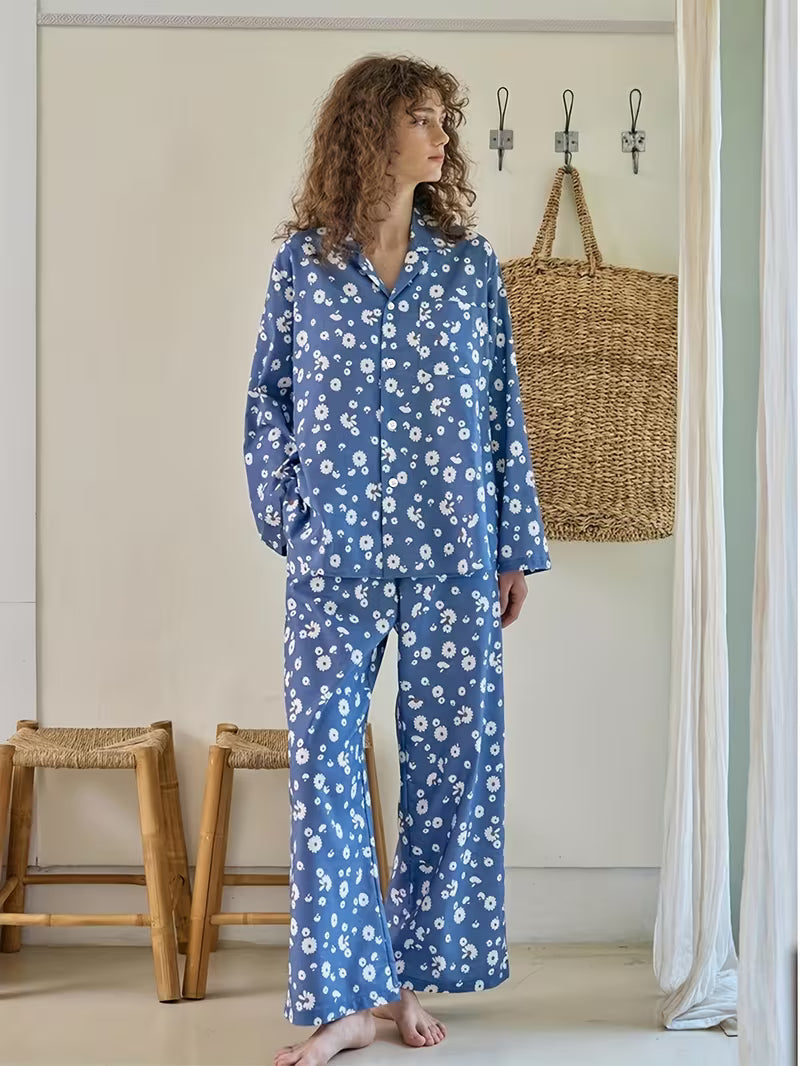 New Women's Pajama Set with Long Sleeves and Pants, Blue Daisy Print Casual Elegant Lounge Wear - Soft Comfortable Fabric