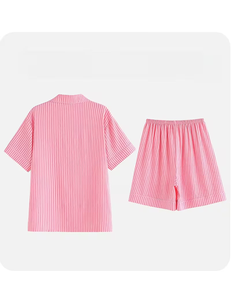 Sweetheart Bunny Pajamas for Women, Plus Size, New Summer Style, Pink Striped, Embroidered Bunny Short Sleeve and Shorts Two - Piece Set, Loose and Comfortable Plus