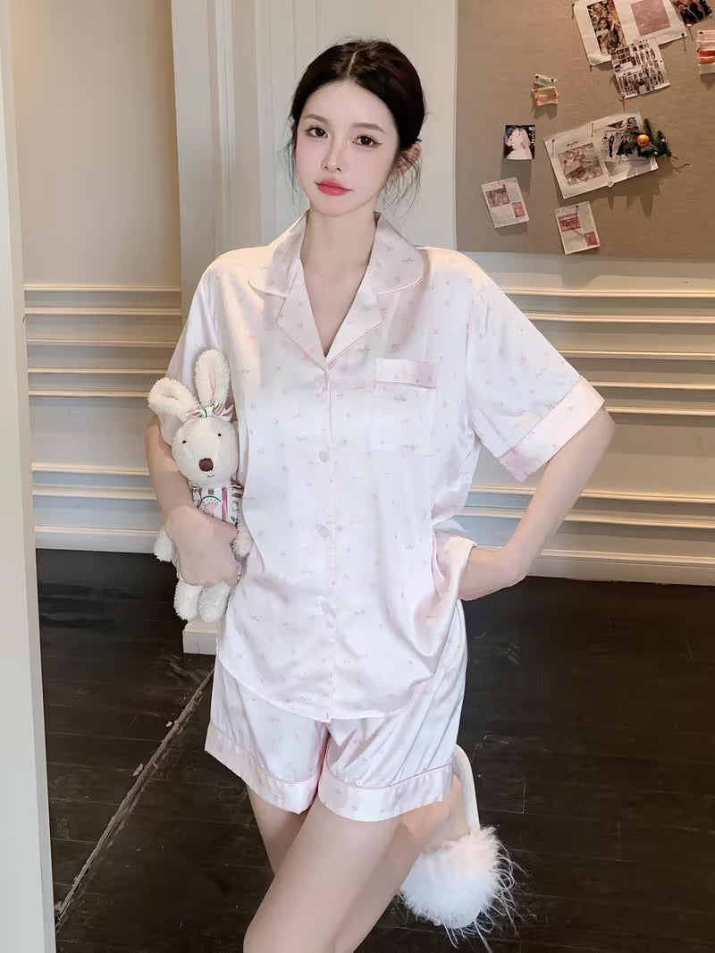Women's Silky-Feel Short Sleeve Pajama Set, Soft Draped Breathable Home Lounge Sleepwear 2pcs Short Top and Shorts Set with Minimal Chic Print
