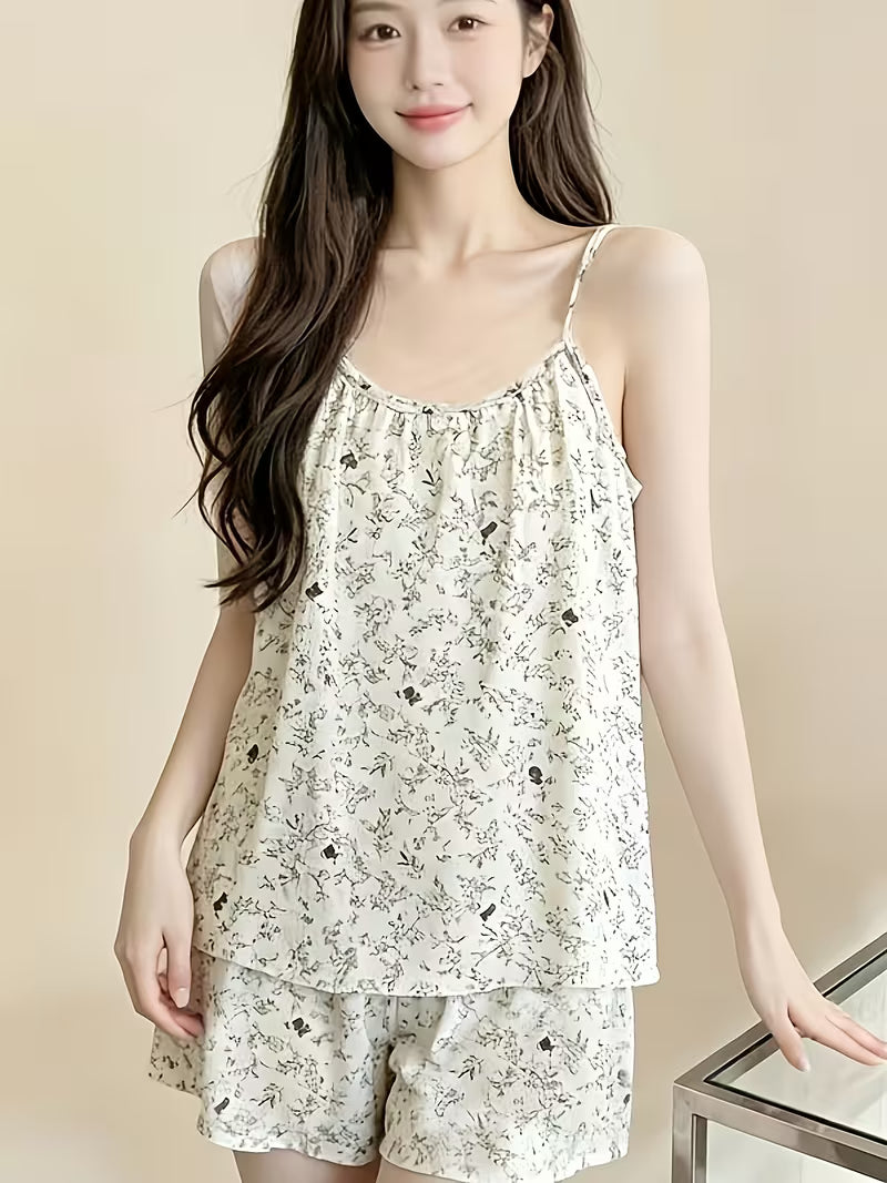 Vintage Print Seersucker Pajamas for Women, Summer 2026 New Arrival Camisole And Casual Shorts Loungewear Set