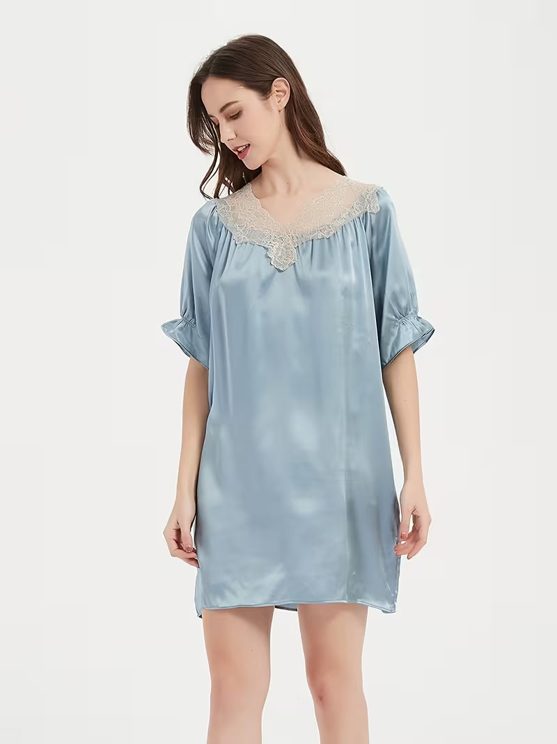 Women'S 100% Pajama Short-Sleeve Nightgown With Lace Trim Loungewear