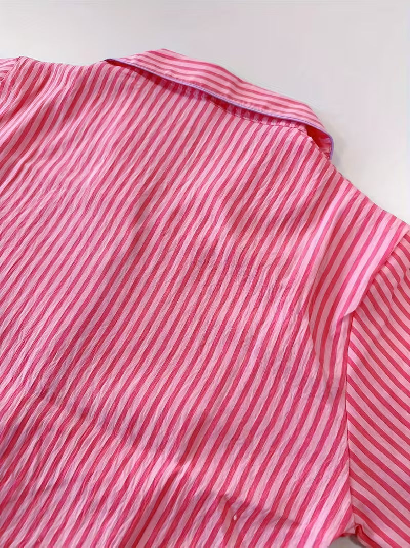 Casual Peach Striped -Like Pajama Set | Rabbit Print Notch Collar Button-Up Top & Elastic Waist Shorts - Loose Fit