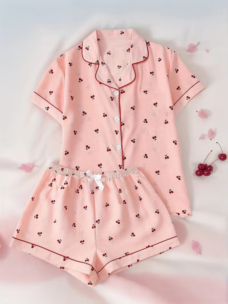 American Style Plus-size Women's Pajamas with Cherry Print, Turn- Collar, Short-sleeved Shorts Home Wear Set