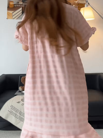 Bust Pad Plaid Nightgown Women'S Summer Short Sleeve Sweet Cute Princess Style Lace Home Wear