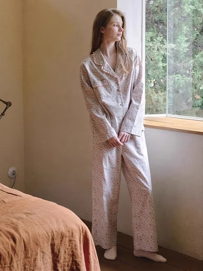 Women's Pajama Set 2026 New Floral Print Collared Lace Trim Lightweight 2pcs Set, Fashionable Elegant Long Sleeve Long Pants