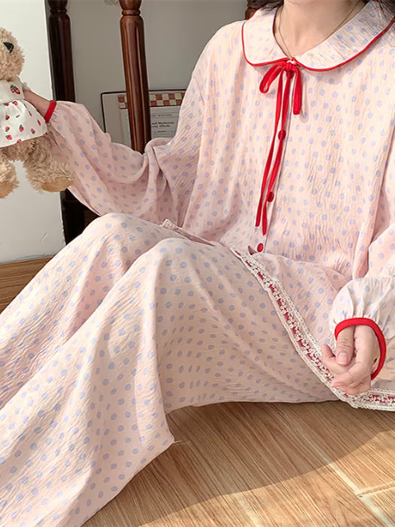 Japanese-Style Sweet Bow Pajamas for Women, Spring/Autumn Lightweight Long-Sleeve Loungewear