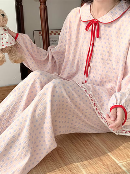 Japanese-Style Sweet Bow Pajamas for Women, Spring/Autumn Lightweight Long-Sleeve Loungewear