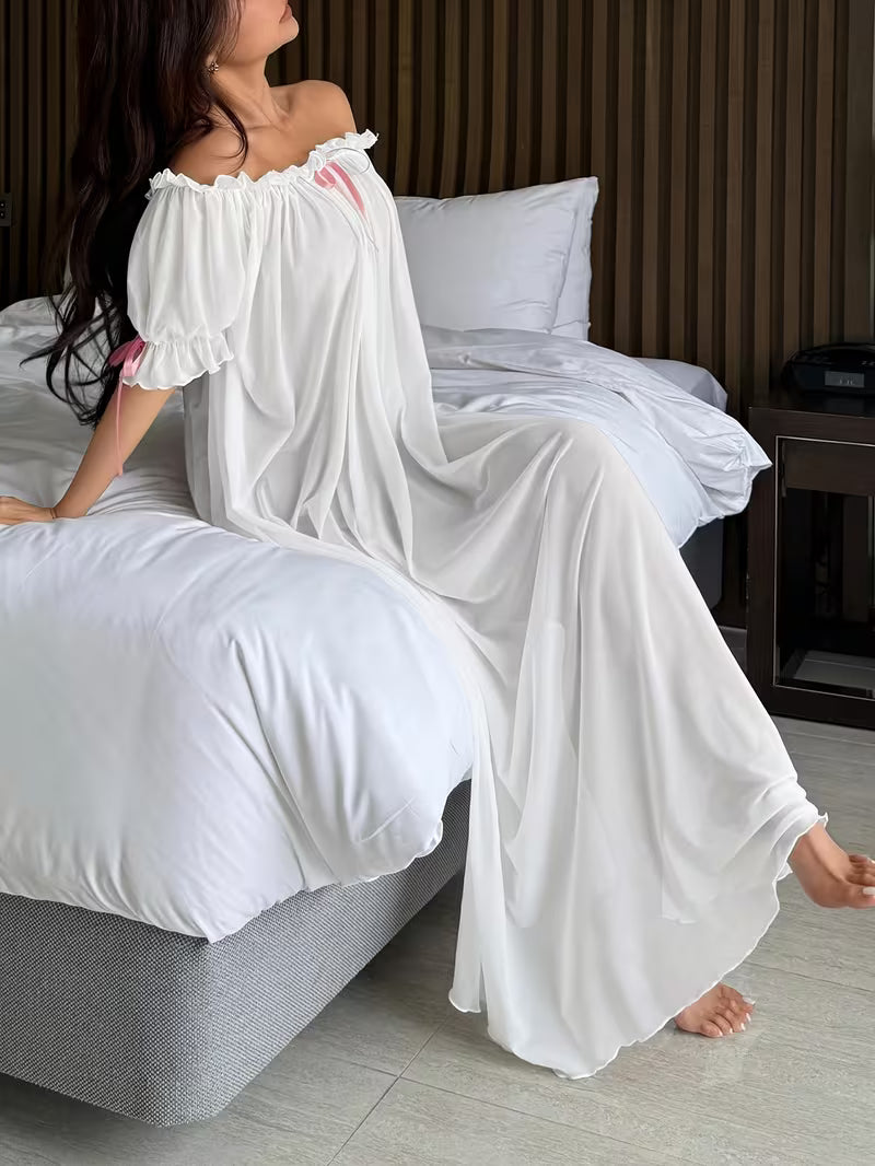 Standard Size Women's All-Season Nightgown, Simple Solid Color, Comfortable and Sexy Off-the-Shoulder Long Style