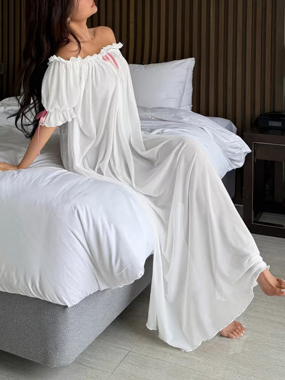 Standard Size Women's All-Season Nightgown, Simple Solid Color, Comfortable and Sexy Off-the-Shoulder Long Style