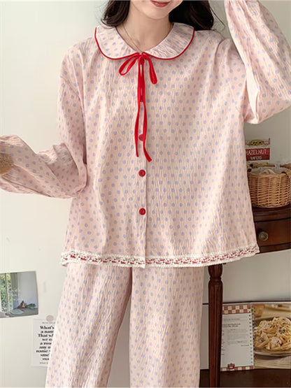 Japanese-Style Sweet Bow Pajamas for Women, Spring/Autumn Lightweight Long-Sleeve Loungewear