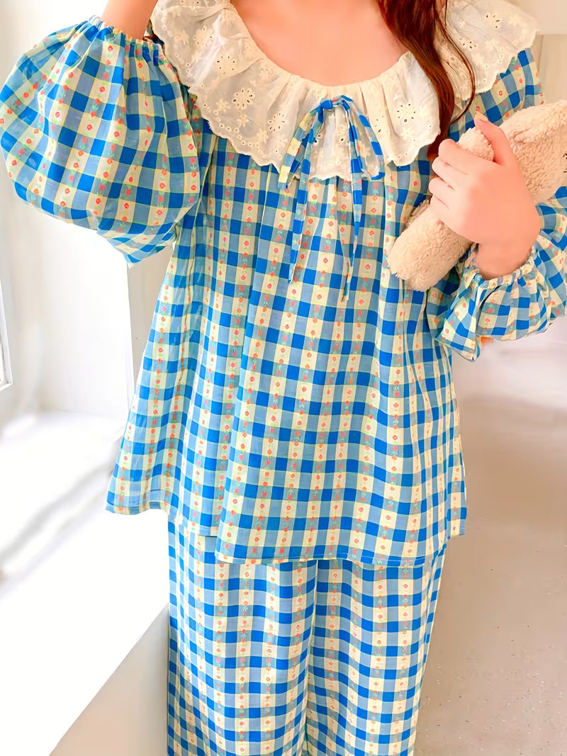 Lace Round Neck Long Sleeve Long Pants Women's Pajamas, Spring/Autumn Women's Loungewear, Autumn Plaid Floral Print Spring Pullover Adult Pajamas with Bow