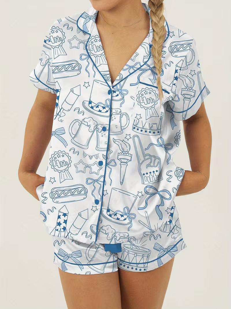 Women's Independence Day Lounge Set Short Sleeve Lapel Patriotic Elements Print Shirt Shorts Sleepwear Sets