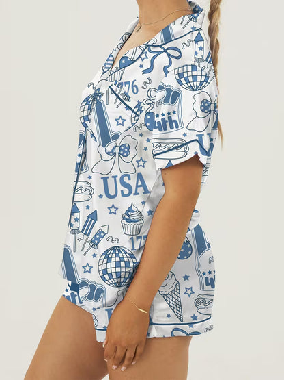 Women's Independence Day Lounge Set Short Sleeve Lapel Patriotic Elements Print Shirt Shorts Sleepwear Sets