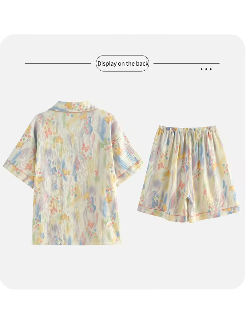 Rainbow Gradient Smudged Butterfly Women's Pajamas, New Summer Plus Size Short Sleeve and Shorts 2pcs Set, Loose and Comfortable Plus Size Loungewear Set