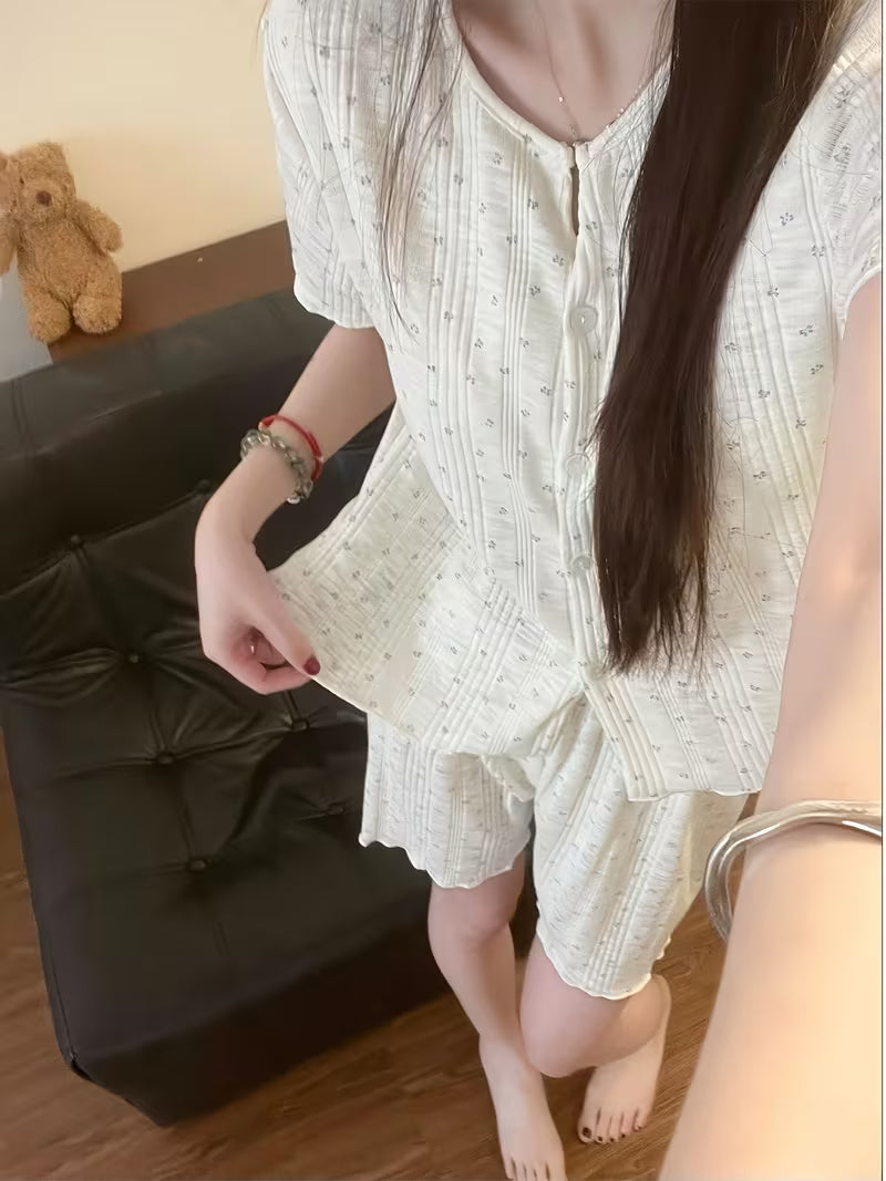 Summer Floral Pajama Set Women'S Homewear Set Gentle Japanese Sweet Short Sleeve Shorts Set