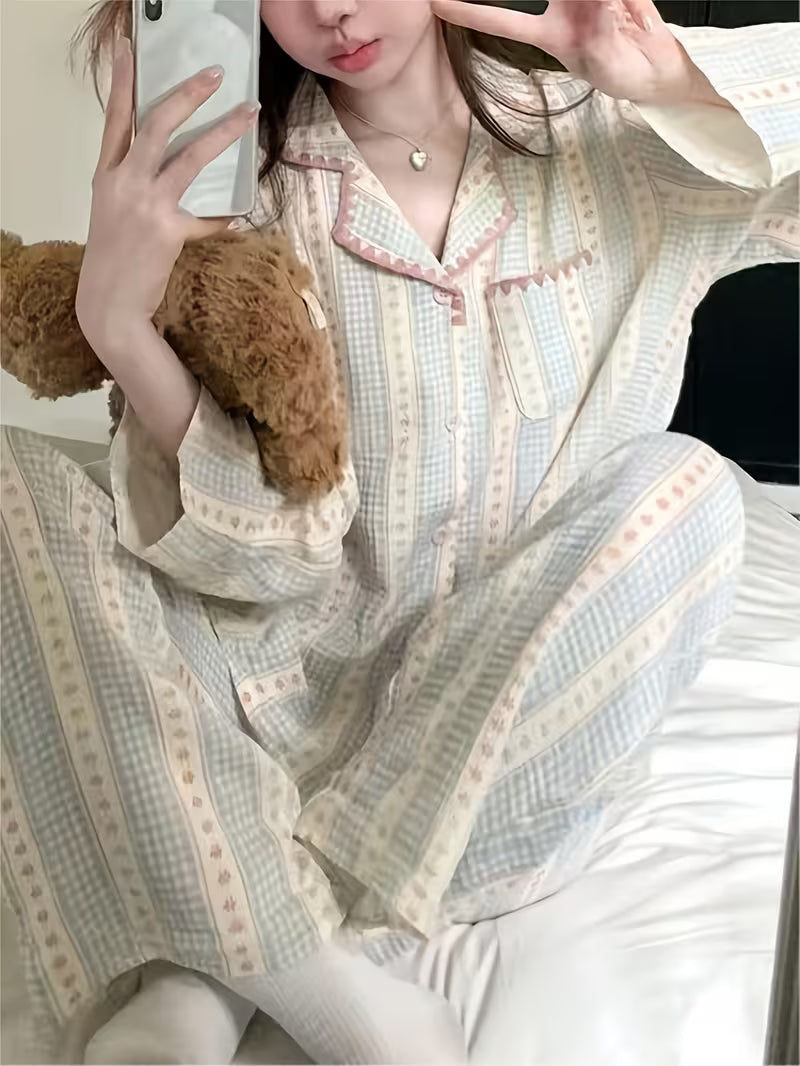 Built-In Bra Pad Pajamas Women'S Spring Autumn Season Cardigan Long Sleeve Long Pants Lace New Spring Summer Home Wear 2pcs