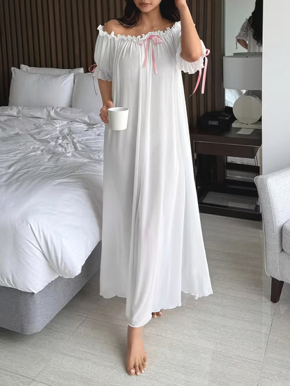 Standard Size Women's All-Season Nightgown, Simple Solid Color, Comfortable and Sexy Off-the-Shoulder Long Style