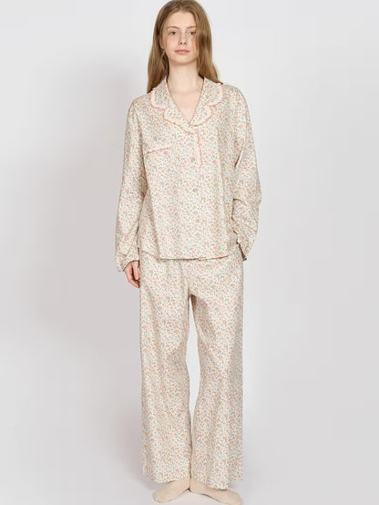 Women's Pajama Set 2026 New Floral Print Collared Lace Trim Lightweight 2pcs Set, Fashionable Elegant Long Sleeve Long Pants