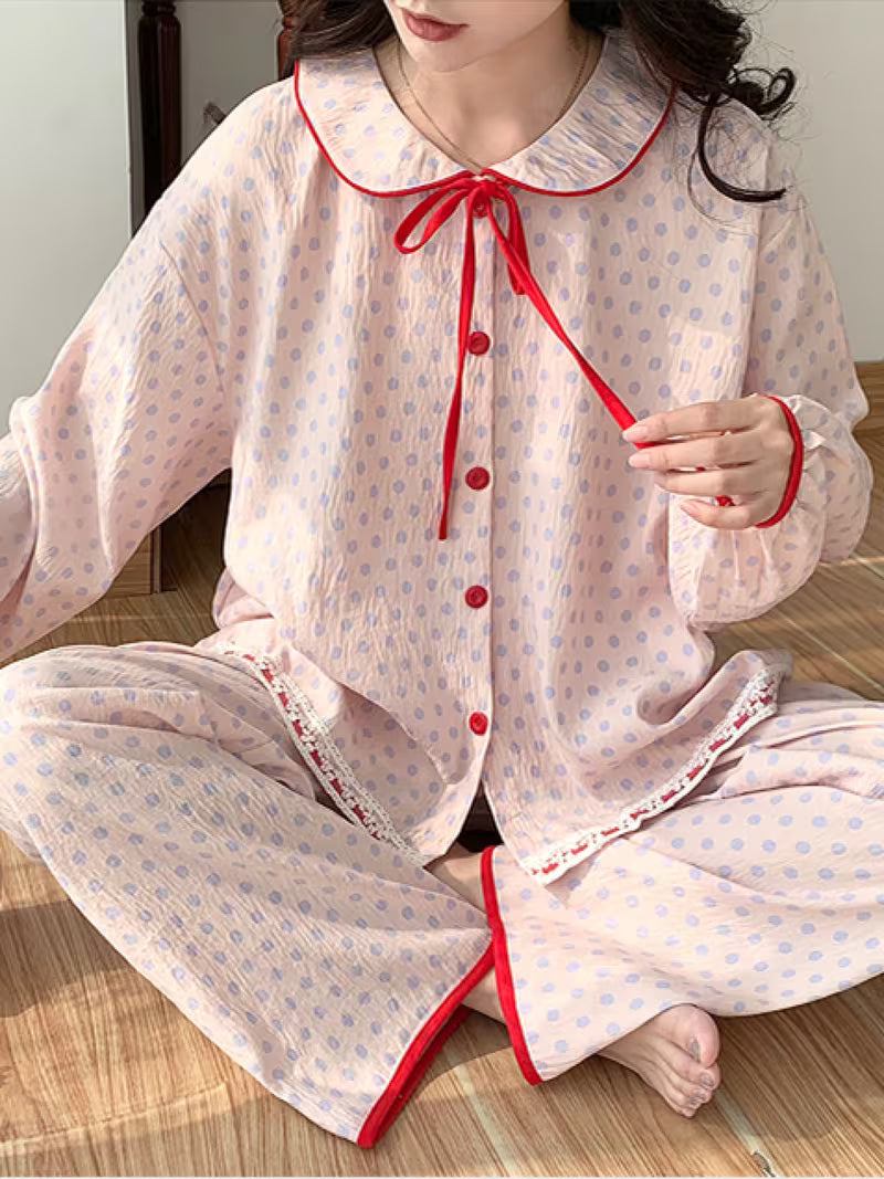 Japanese-Style Sweet Bow Pajamas for Women, Spring/Autumn Lightweight Long-Sleeve Loungewear