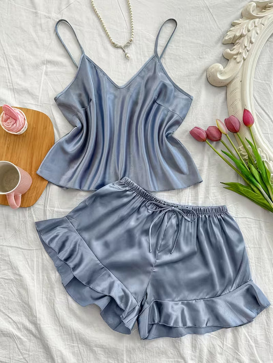 Women's V-Neck Faux y Camisole Shorts Pajama Set, 2pcs