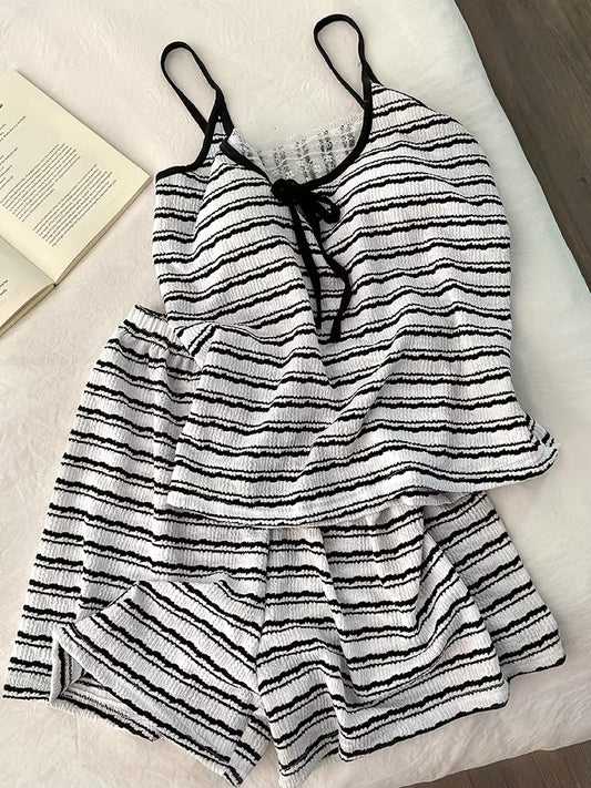 Korean Style Suspender Pajamas Women'S Summer with Chest Pad Sweet Lace Trim Sexy Striped Suspender Shorts Home Wear Set