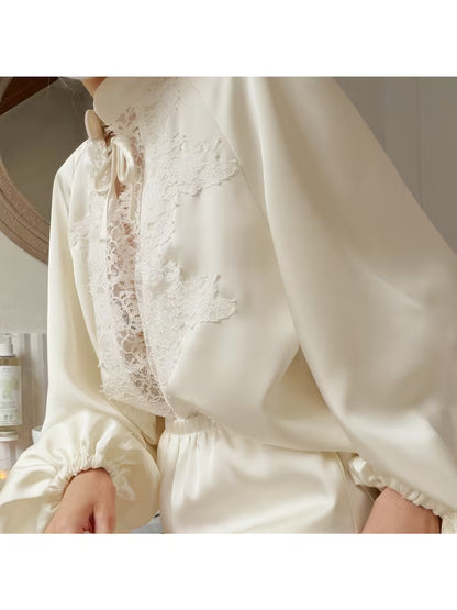 2026 High-End Satin Pajamas Women'S Lace Splicing Long-Sleeve Shorts Two-Piece Set Women'S Loungewear