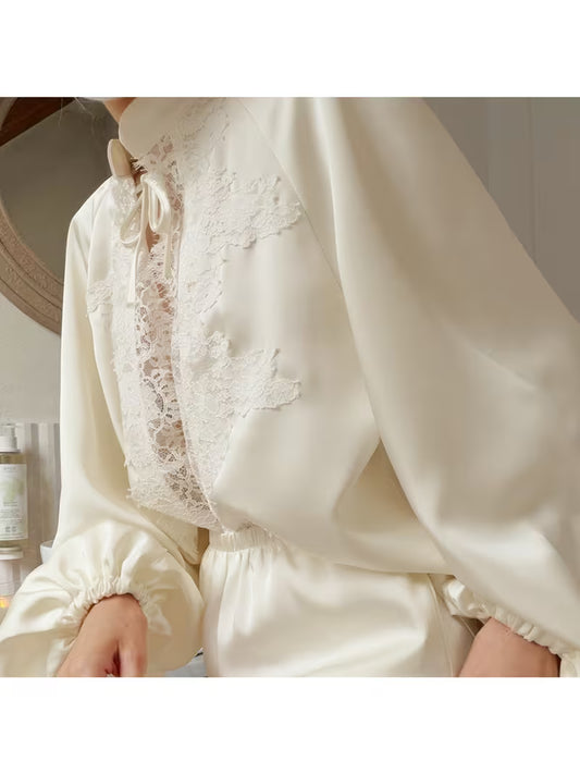 2026 High-End Satin Pajamas Women'S Lace Splicing Long-Sleeve Shorts Two-Piece Set Women'S Loungewear