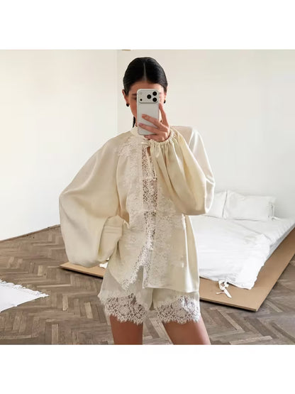 2026 High-End Satin Pajamas Women'S Lace Splicing Long-Sleeve Shorts Two-Piece Set Women'S Loungewear