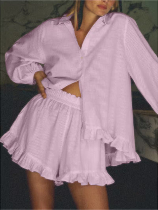 2pcs Women'S Pink Striped Lapel Puff Sleeve Ruffle Shirt And Loose Shorts Casual Loungewear Two Piece Set, Perfect for Daily Lounge And Home Wear, Ideal for Pajama Parties, Women'S Loungewear