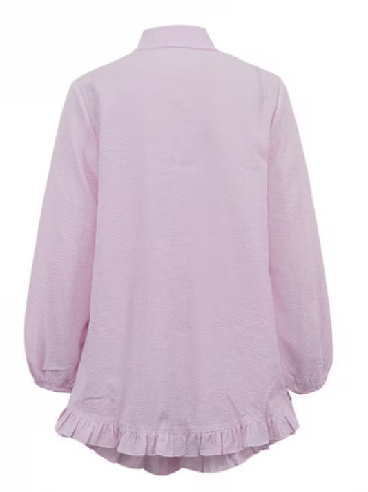 2pcs Women'S Pink Striped Lapel Puff Sleeve Ruffle Shirt And Loose Shorts Casual Loungewear Two Piece Set, Perfect for Daily Lounge And Home Wear, Ideal for Pajama Parties, Women'S Loungewear