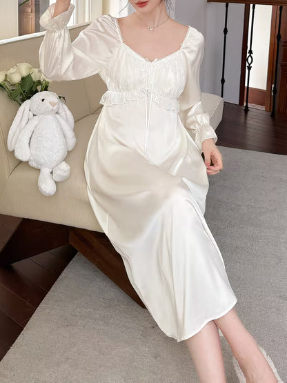 Ningyue Nightgown: A Sweet, Long French-Style Sleep Dress with Lace Details