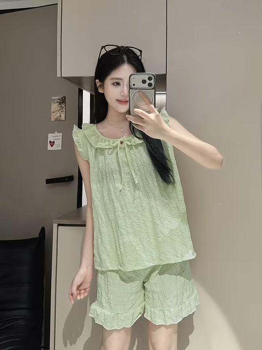 Flutter Sleeves Solid Color Casual Suit Top And Pants 2pcs Set Wearable Outside