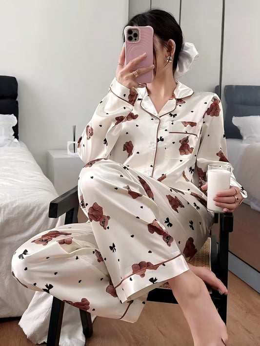 Women's Sleepwear, Apricot Base Teddy Bear Bow Print Faux Collared Top and Pants Pajama Set, Fall Winter Clothing